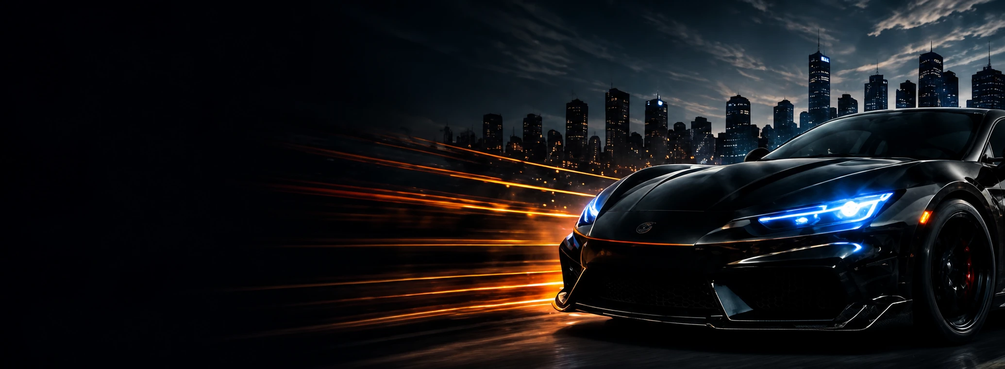 A black sports car in the city at night